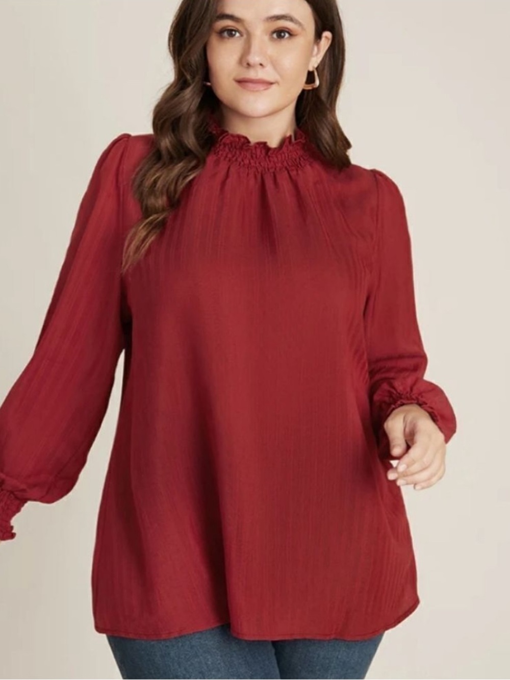 BloomChic Burgundy Smocked Neck Long Sleeve Blouse size 1X (14-16)